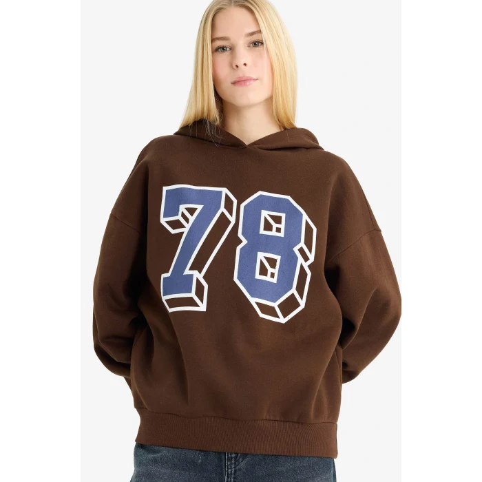 Defacto G0965AXBN191 Kahve Coool Overshirt Fit Kapüşonlu Baskılı Sweatshirt