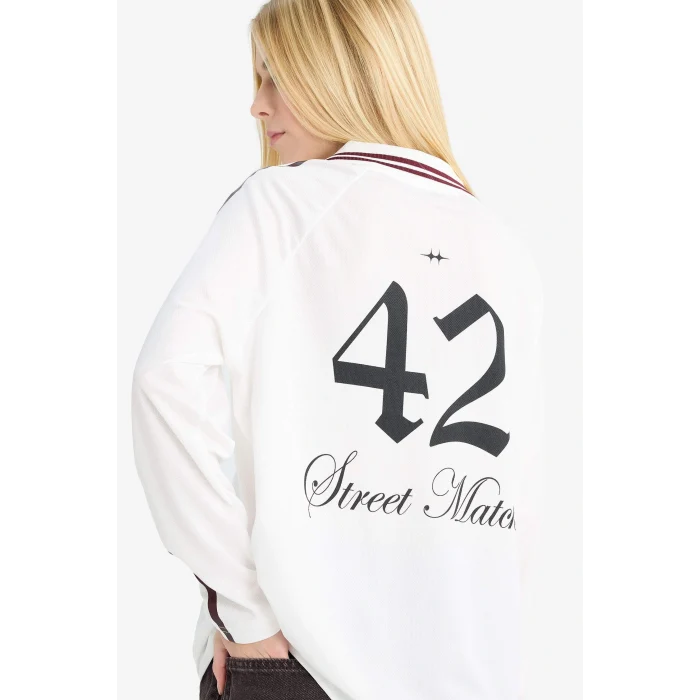 Defacto F8751AXWT32 Beyaz Coool Oversize Geniş Kalıp Polo Yaka Uzun Kollu Tişört