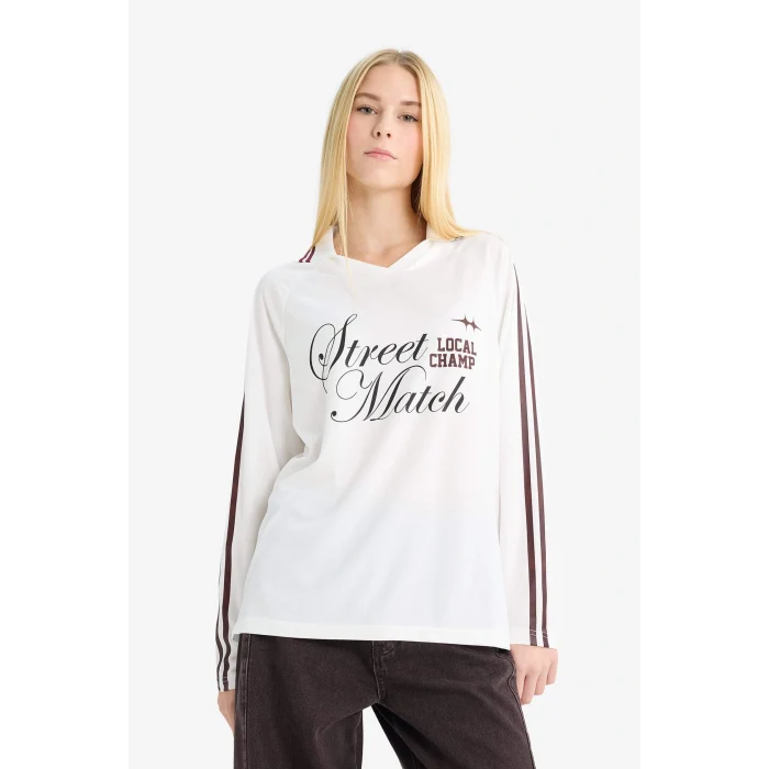 Defacto F8751AXWT32 Beyaz Coool Oversize Geniş Kalıp Polo Yaka Uzun Kollu Tişört