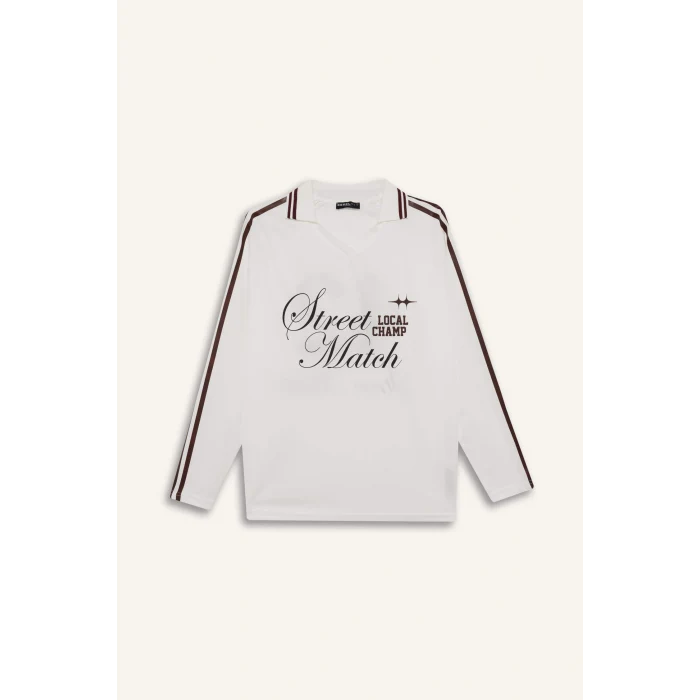 Defacto F8751AXWT32 Beyaz Coool Oversize Geniş Kalıp Polo Yaka Uzun Kollu Tişört