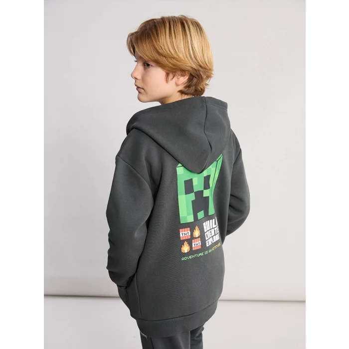 LCW Kids Antrasit Kapüşonlu Minecraft Baskılı Erkek Çocuk Fermuarlı Sweatshirt