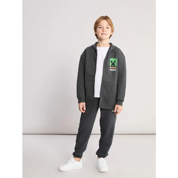LCW Kids Antrasit Kapüşonlu Minecraft Baskılı Erkek Çocuk Fermuarlı Sweatshirt