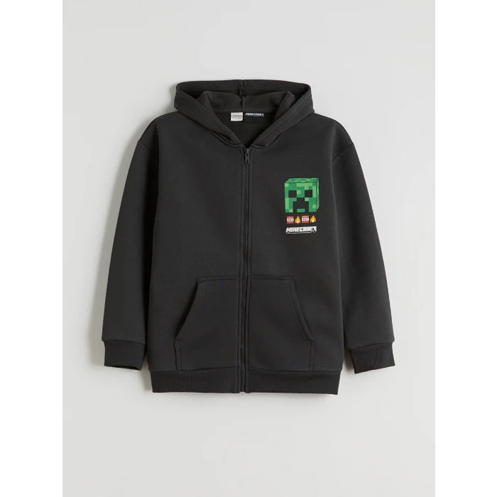 LCW Kids Antrasit Kapüşonlu Minecraft Baskılı Erkek Çocuk Fermuarlı Sweatshirt