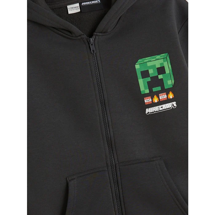 LCW Kids Antrasit Kapüşonlu Minecraft Baskılı Erkek Çocuk Fermuarlı Sweatshirt