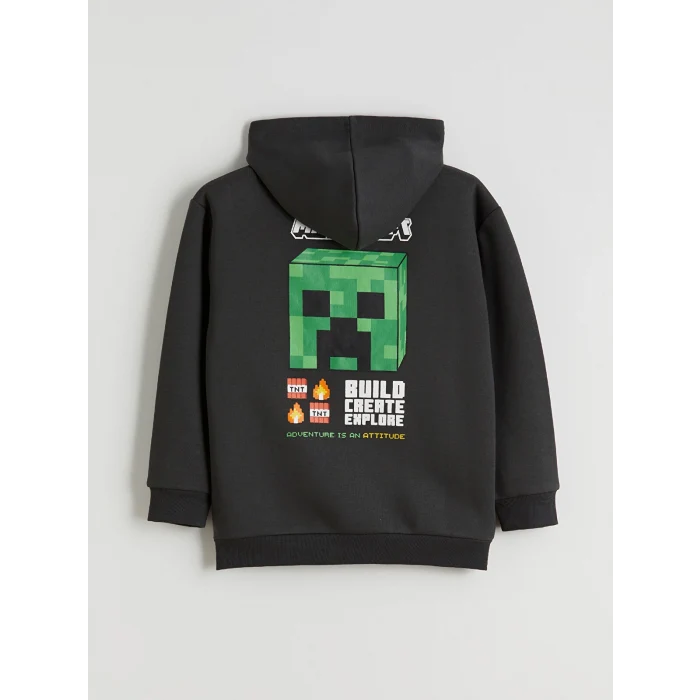 LCW Kids Antrasit Kapüşonlu Minecraft Baskılı Erkek Çocuk Fermuarlı Sweatshirt