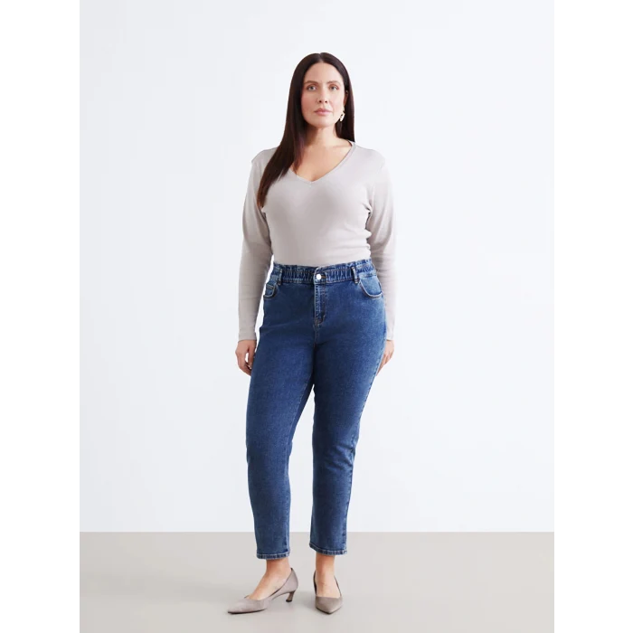 LCWAIKIKI Classic İndigo Beli Lastikli Slim Mom Kadın Jean Pantolon