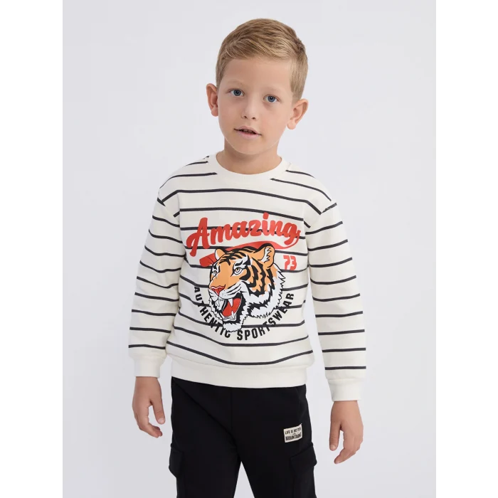 LCW Kids Ekru Bisiklet Yaka Çizgili Erkek Çocuk Sweatshirt