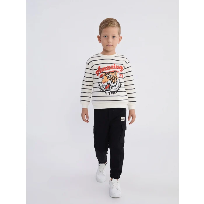 LCW Kids Ekru Bisiklet Yaka Çizgili Erkek Çocuk Sweatshirt