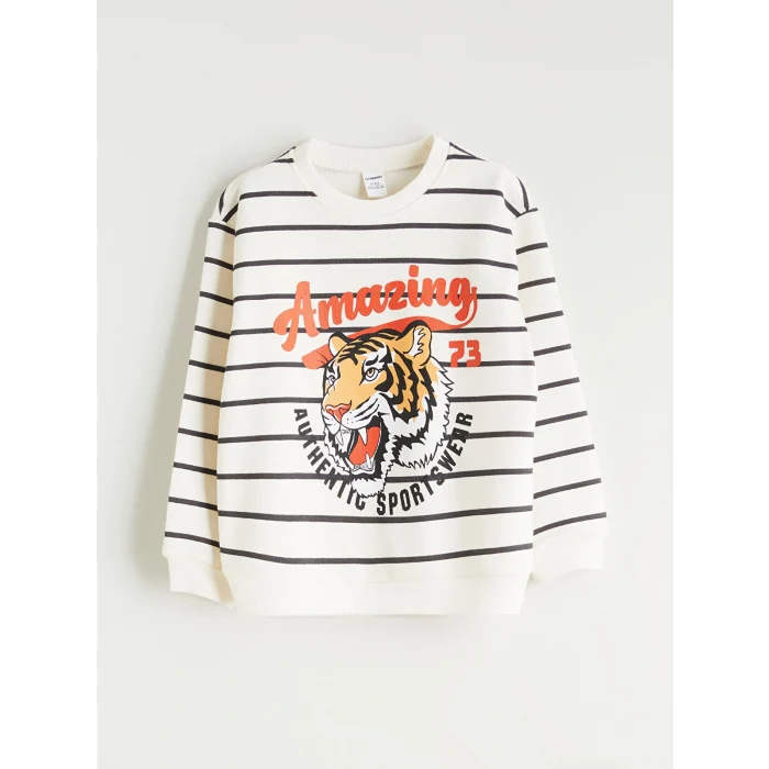 LCW Kids Ekru Bisiklet Yaka Çizgili Erkek Çocuk Sweatshirt