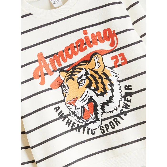 LCW Kids Ekru Bisiklet Yaka Çizgili Erkek Çocuk Sweatshirt