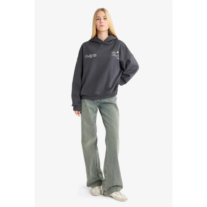 Defacto G0180AXAR104 Antrasit Coool Overshirt Fit Kapüşonlu Baskılı Kalın Sweatshirt