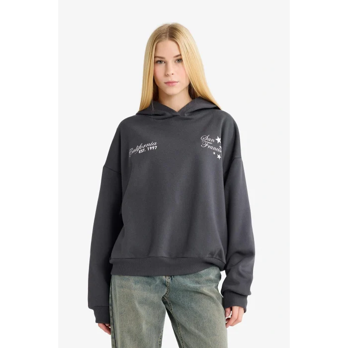 Defacto G0180AXAR104 Antrasit Coool Overshirt Fit Kapüşonlu Baskılı Kalın Sweatshirt