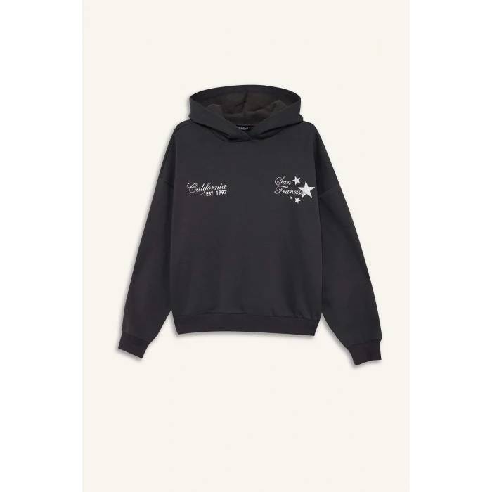 Defacto G0180AXAR104 Antrasit Coool Overshirt Fit Kapüşonlu Baskılı Kalın Sweatshirt