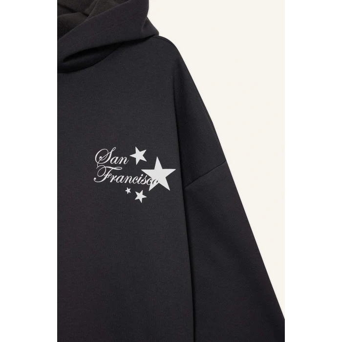 Defacto G0180AXAR104 Antrasit Coool Overshirt Fit Kapüşonlu Baskılı Kalın Sweatshirt