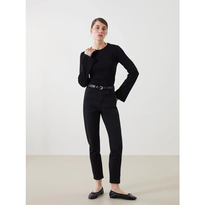 LCW Jeans Siyah Beli Kemerli Mom Fit Kadın Jean Pantolon