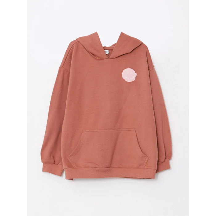 LCW Kids Kahverengi Kapüşonlu Baskılı Uzun Kollu Kız Çocuk Sweatshirt