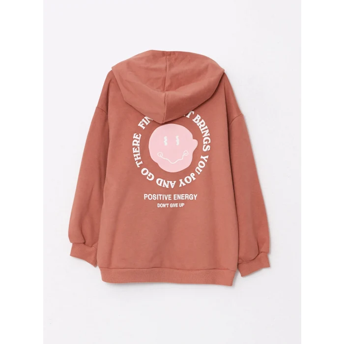 LCW Kids Kahverengi Kapüşonlu Baskılı Uzun Kollu Kız Çocuk Sweatshirt