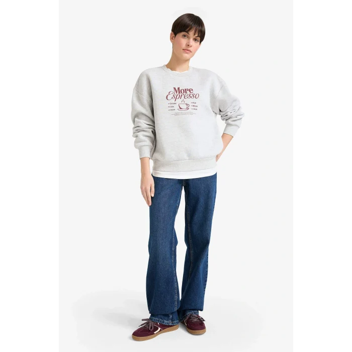 Defacto G2152AXGR93 Gri Relax Fit Bisiklet Yaka Baskılı Kalın Sweatshirt
