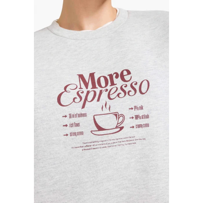 Defacto G2152AXGR93 Gri Relax Fit Bisiklet Yaka Baskılı Kalın Sweatshirt