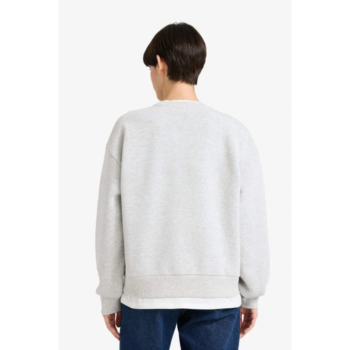 Defacto G2152AXGR93 Gri Relax Fit Bisiklet Yaka Baskılı Kalın Sweatshirt