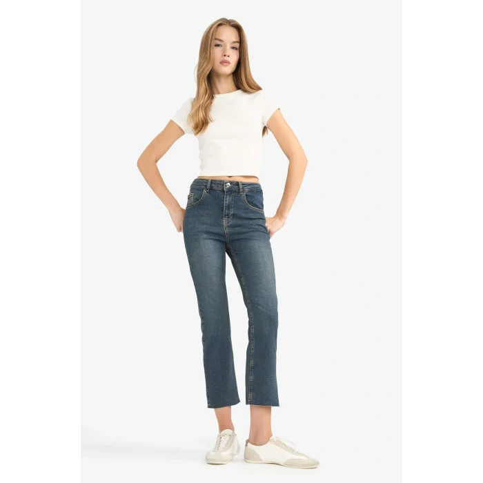 Defacto G2217AXNM34 Mavi Crop Flare Fit Düşük Bel Bilek Boy Jean Yıkamalı Pantolon