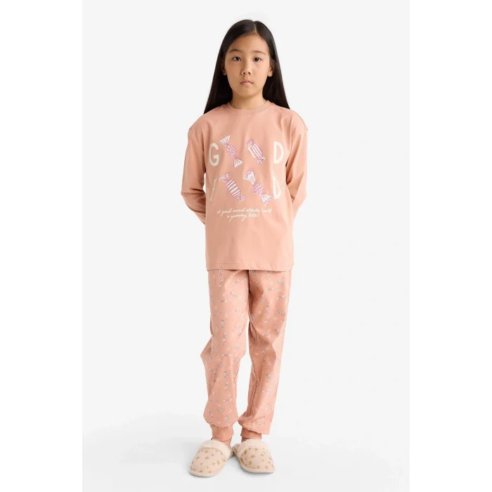 Defacto G0091A8BR478 Bordo Kız Çocuk Pijama Takımı Baskılı Uzun Kollu Üst Uzun Alt