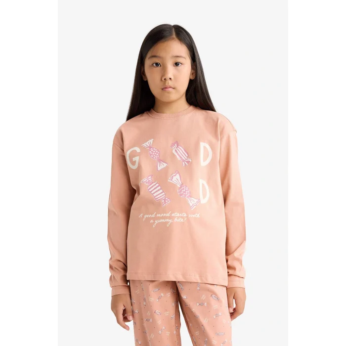 Defacto G0091A8BR478 Bordo Kız Çocuk Pijama Takımı Baskılı Uzun Kollu Üst Uzun Alt