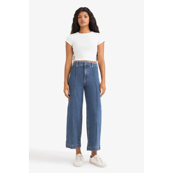 Defacto E9160AXNM28 Mavi Culotte Yüksek Bel Crop Fit Crop Jean Kar Yıkamalı Pantolon