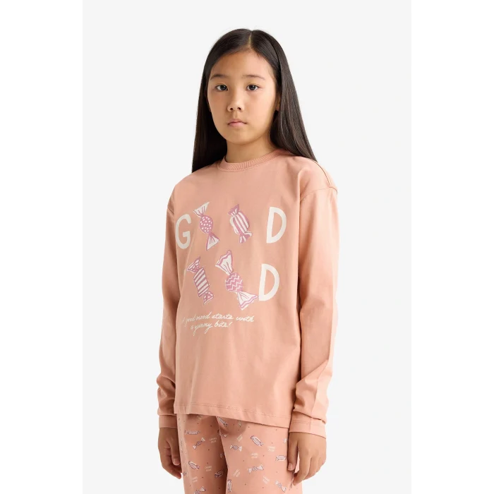 Defacto G0091A8BR478 Bordo Kız Çocuk Pijama Takımı Baskılı Uzun Kollu Üst Uzun Alt