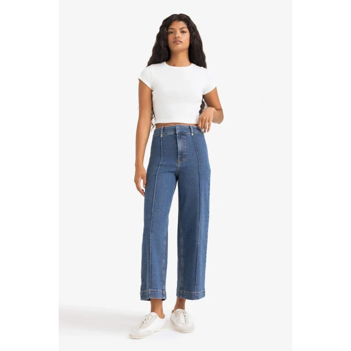 Defacto E9160AXNM28 Mavi Culotte Yüksek Bel Crop Fit Crop Jean Kar Yıkamalı Pantolon