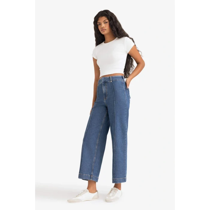 Defacto E9160AXNM28 Mavi Culotte Yüksek Bel Crop Fit Crop Jean Kar Yıkamalı Pantolon