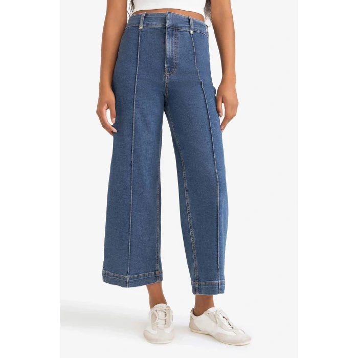 Defacto E9160AXNM28 Mavi Culotte Yüksek Bel Crop Fit Crop Jean Kar Yıkamalı Pantolon