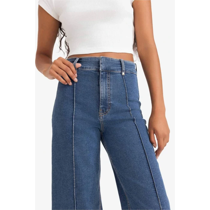 Defacto E9160AXNM28 Mavi Culotte Yüksek Bel Crop Fit Crop Jean Kar Yıkamalı Pantolon
