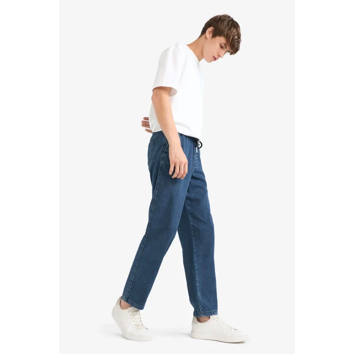 Defacto G1627AXNM83 İndigo Wide Leg Geniş Paça Beli Bağcıklı Jean Kar Yıkamalı Pantolon