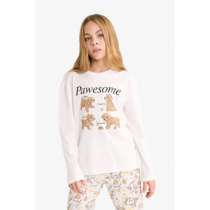 Defacto F6230A8BG759 Bej Kız Çocuk Pijama Takımı Baskılı Uzun Kollu Üst Uzun Alt