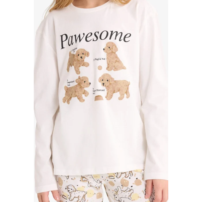 Defacto F6230A8BG759 Bej Kız Çocuk Pijama Takımı Baskılı Uzun Kollu Üst Uzun Alt