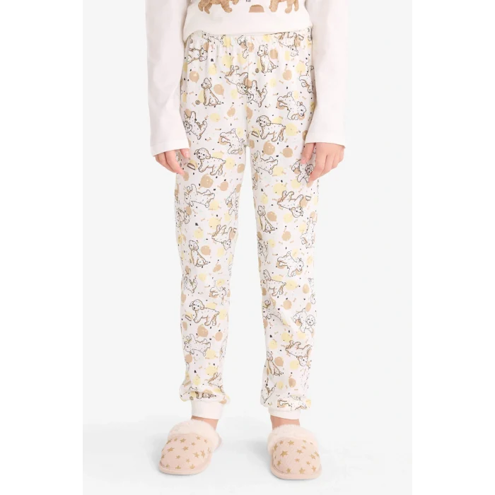 Defacto F6230A8BG759 Bej Kız Çocuk Pijama Takımı Baskılı Uzun Kollu Üst Uzun Alt