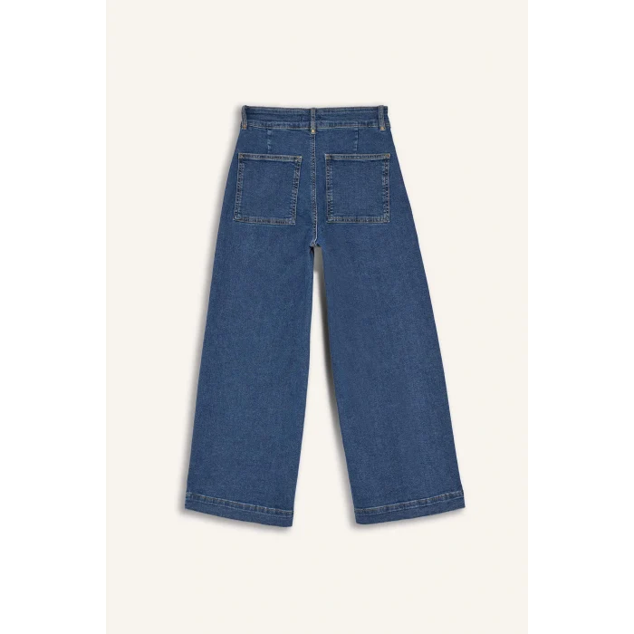 Defacto E9160AXNM28 Mavi Culotte Yüksek Bel Crop Fit Crop Jean Kar Yıkamalı Pantolon