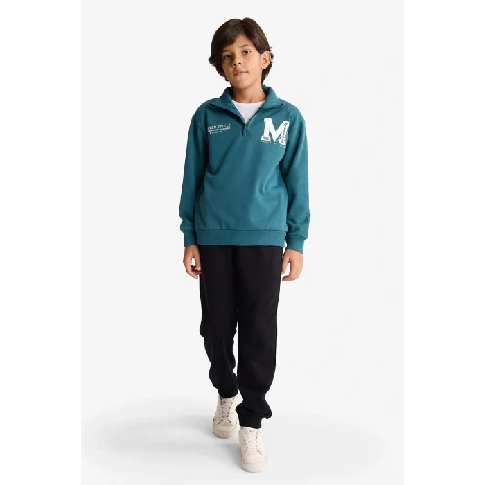 Defacto F7088A8GN756 Yeşil Erkek Çocuk 2li Takım Yarım Fermuarlı Baskılı Sweatshirt Eşofman Altı