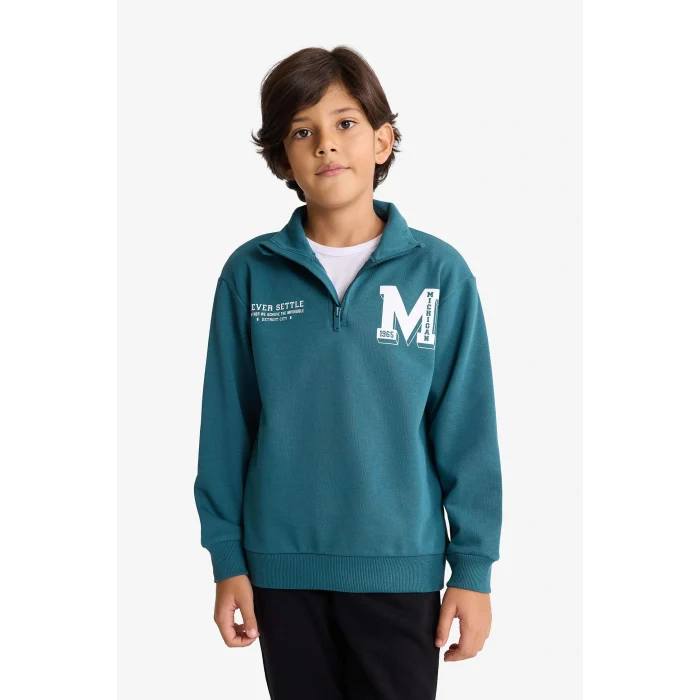 Defacto F7088A8GN756 Yeşil Erkek Çocuk 2li Takım Yarım Fermuarlı Baskılı Sweatshirt Eşofman Altı