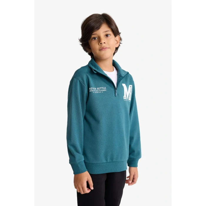 Defacto F7088A8GN756 Yeşil Erkek Çocuk 2li Takım Yarım Fermuarlı Baskılı Sweatshirt Eşofman Altı