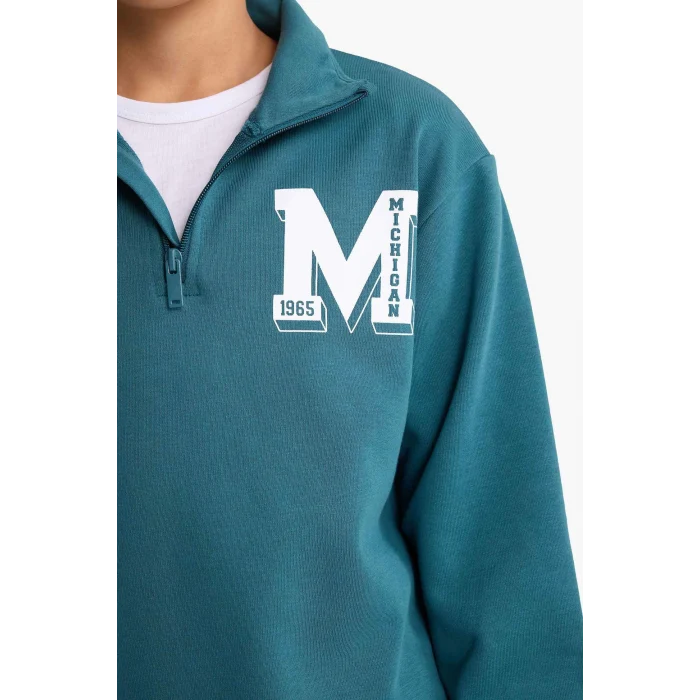 Defacto F7088A8GN756 Yeşil Erkek Çocuk 2li Takım Yarım Fermuarlı Baskılı Sweatshirt Eşofman Altı