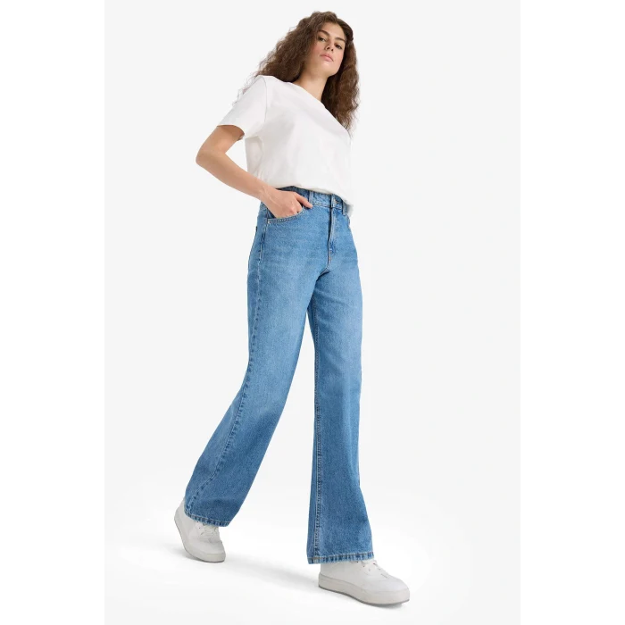 Defacto F1704AXNM28 Mavi 90s Wide Leg Yüksek Bel Düz Paça Uzun Jean Pantolon