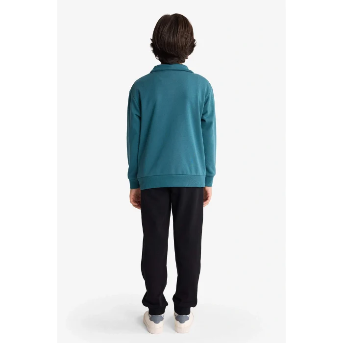 Defacto F7088A8GN756 Yeşil Erkek Çocuk 2li Takım Yarım Fermuarlı Baskılı Sweatshirt Eşofman Altı