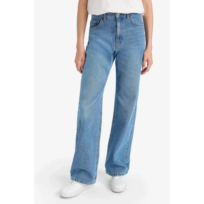 Defacto F1704AXNM28 Mavi 90s Wide Leg Yüksek Bel Düz Paça Uzun Jean Pantolon