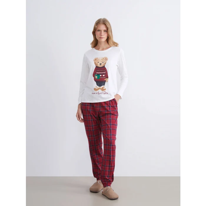 LCW DREAM Bordo Ayı Teddy Baskılı Kadın Pijama Takımı