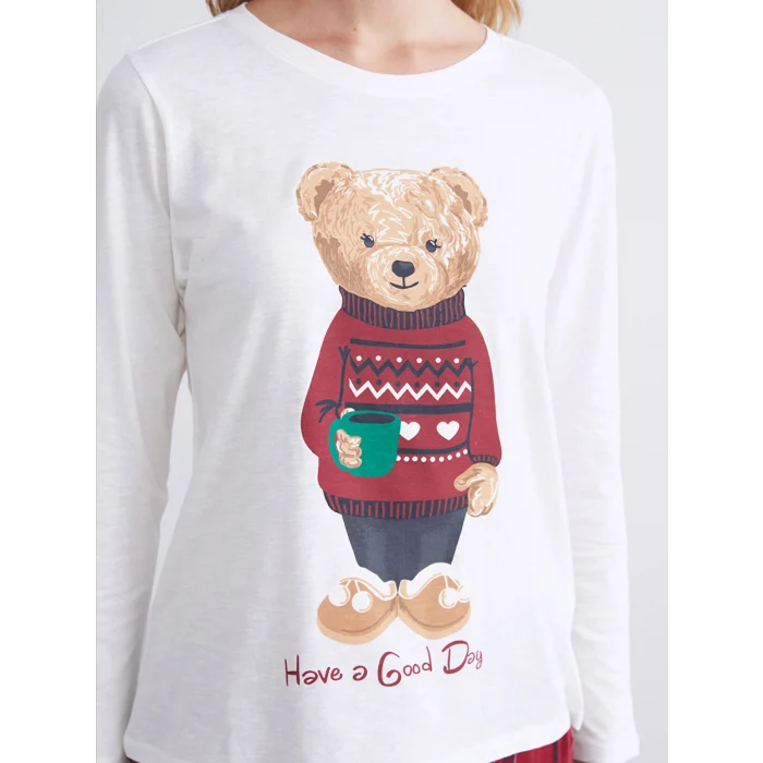 LCW DREAM Bordo Ayı Teddy Baskılı Kadın Pijama Takımı