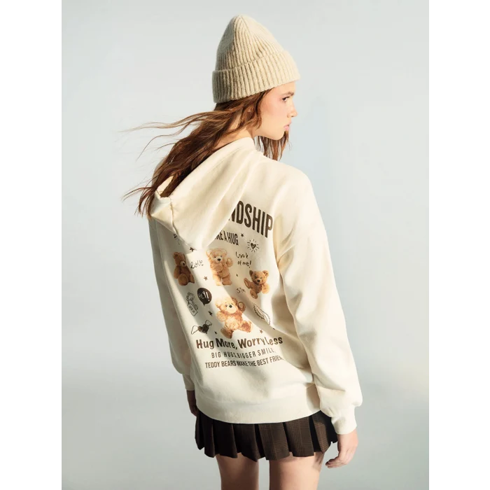 XSIDE Bej Baskılı Oversize Kadın Kalın Hoodie