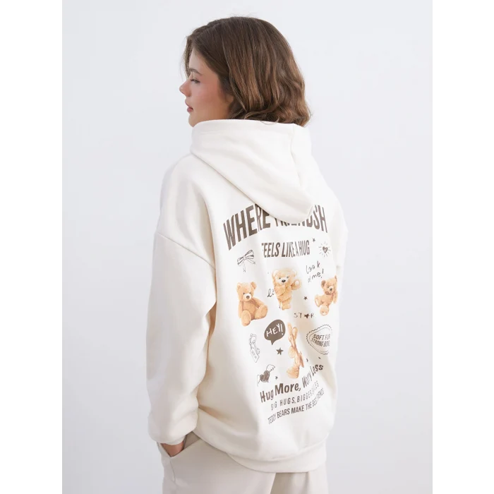 XSIDE Bej Baskılı Oversize Kadın Kalın Hoodie