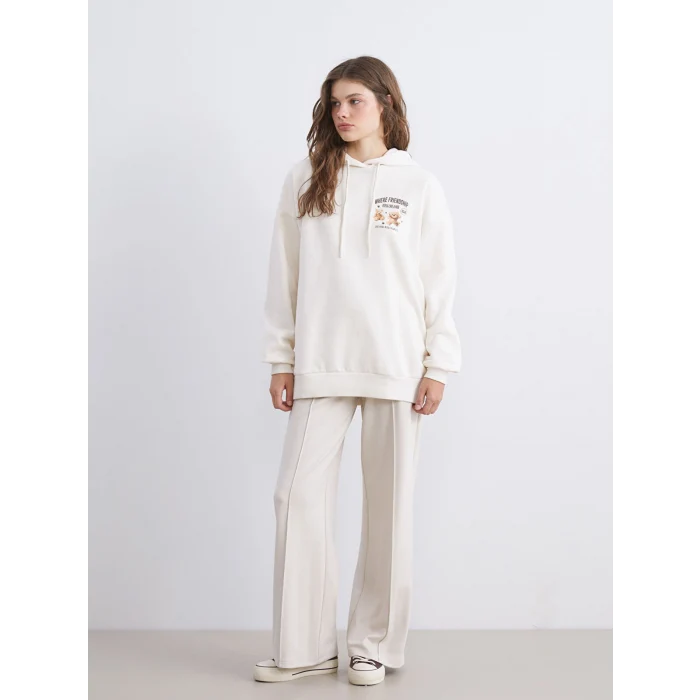 XSIDE Bej Baskılı Oversize Kadın Kalın Hoodie